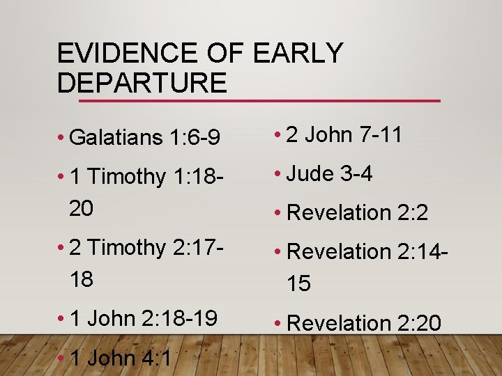 EVIDENCE OF EARLY DEPARTURE • Galatians 1: 6 -9 • 2 John 7 -11