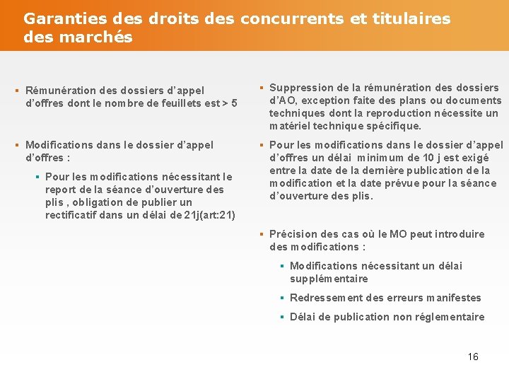 Garanties droits des concurrents et titulaires des marchés § Rémunération des dossiers d’appel d’offres