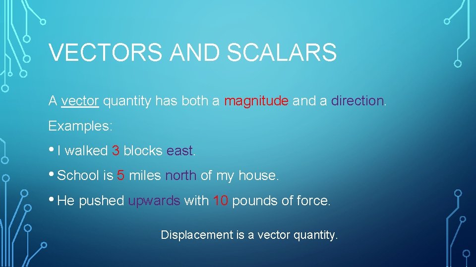 VECTORS AND SCALARS A vector quantity has both a magnitude and a direction. Examples: