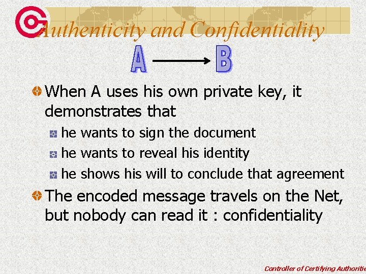 Authenticity and Confidentiality When A uses his own private key, it demonstrates that he