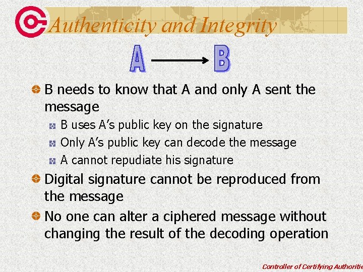 Authenticity and Integrity B needs to know that A and only A sent the
