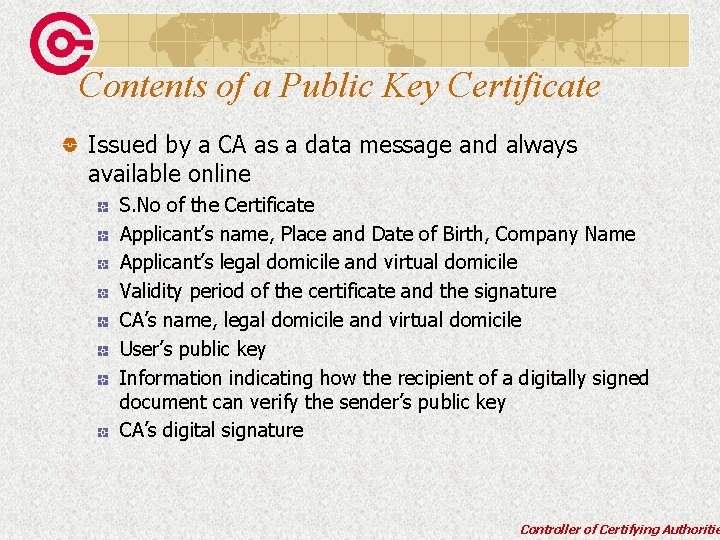 Contents of a Public Key Certificate Issued by a CA as a data message