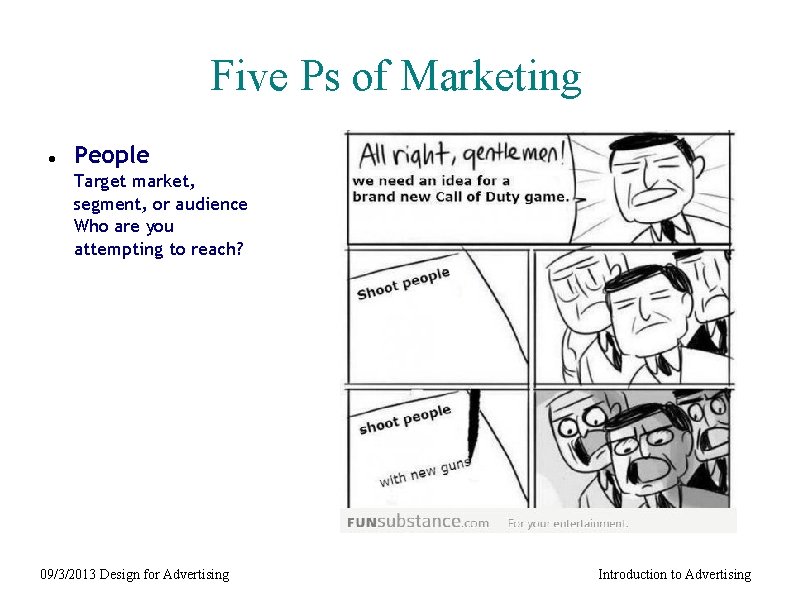 Five Ps of Marketing People Target market, segment, or audience Who are you attempting