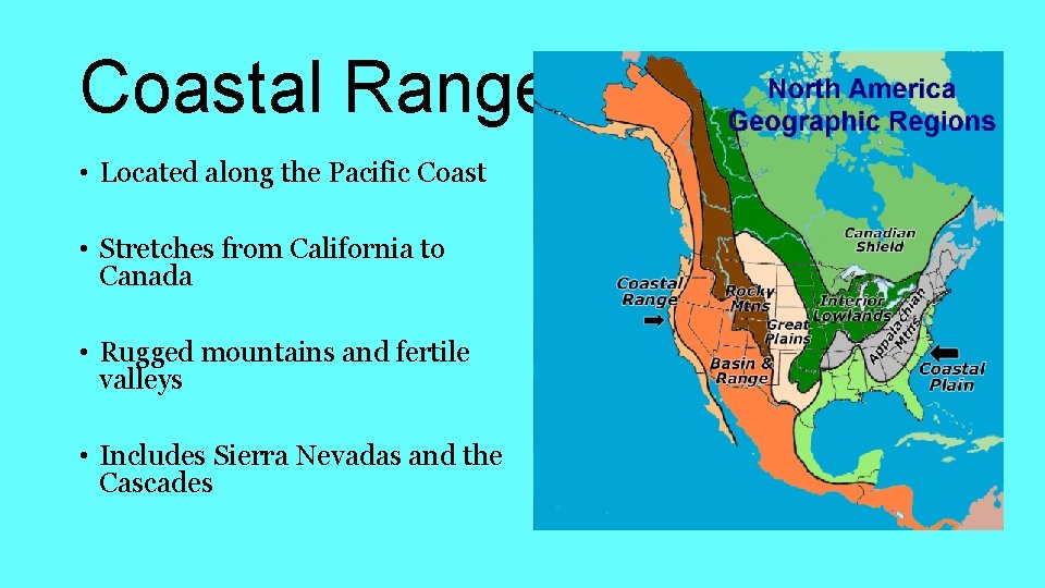 Coastal Range • Located along the Pacific Coast • Stretches from California to Canada