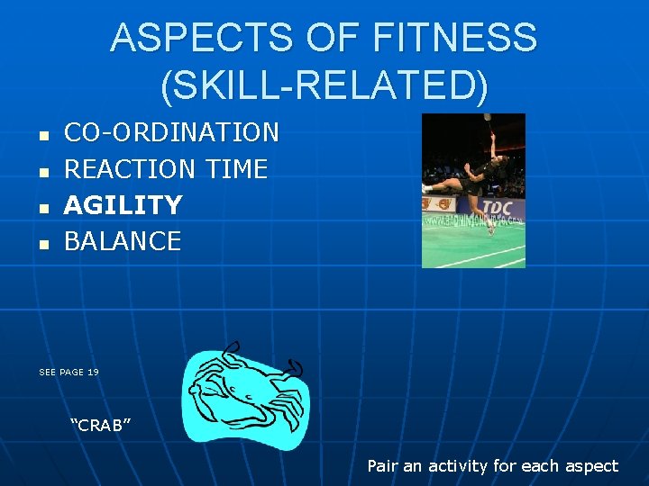 ASPECTS OF FITNESS (SKILL-RELATED) n n CO-ORDINATION REACTION TIME AGILITY BALANCE SEE PAGE 19