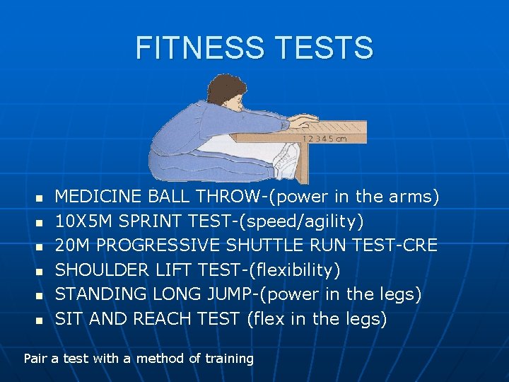 FITNESS TESTS n n n MEDICINE BALL THROW-(power in the arms) 10 X 5