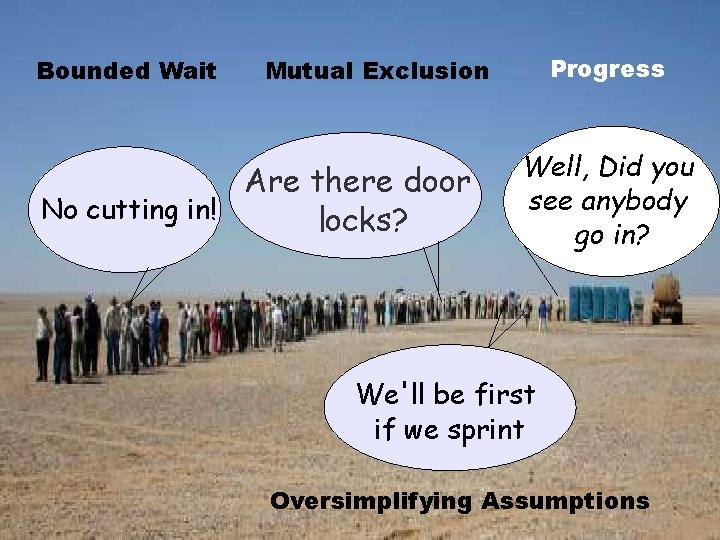 Bounded Wait Progress Mutual Exclusion Are there door No cutting in! locks? Well, Did