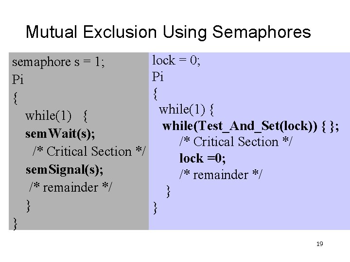 Mutual Exclusion Using Semaphores semaphore s = 1; Pi { while(1) { sem. Wait(s);