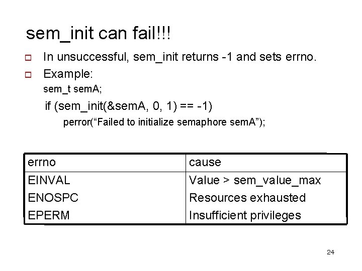 sem_init can fail!!! In unsuccessful, sem_init returns -1 and sets errno. Example: sem_t sem.