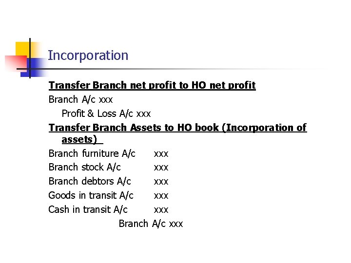 Incorporation Transfer Branch net profit to HO net profit Branch A/c xxx Profit &