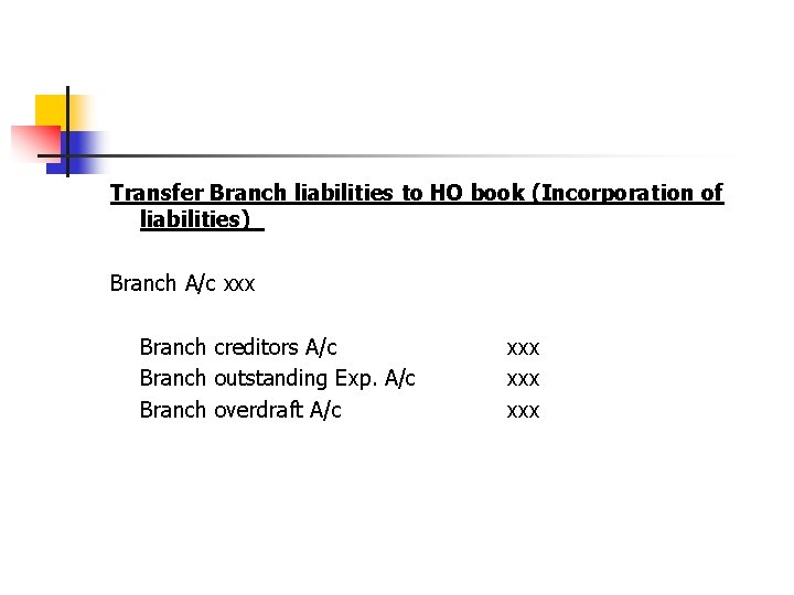 Transfer Branch liabilities to HO book (Incorporation of liabilities) Branch A/c xxx Branch creditors