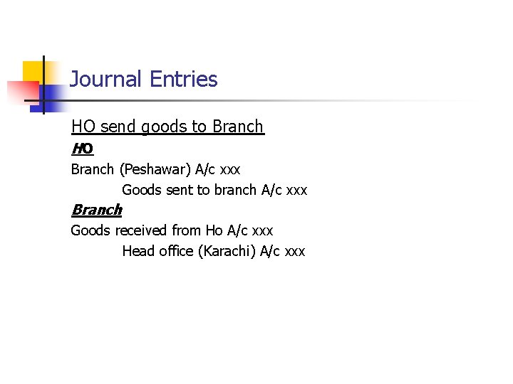 Journal Entries HO send goods to Branch HO Branch (Peshawar) A/c xxx Goods sent