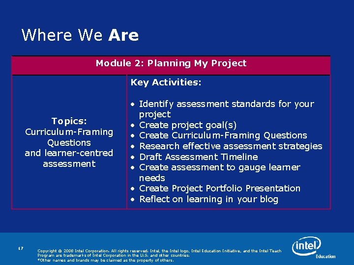 Where We Are Module 2: Planning My Project Key Activities: Topics: Curriculum-Framing Questions and Where We Are Module 2: Planning My Project Key Activities: Topics: Curriculum-Framing Questions and