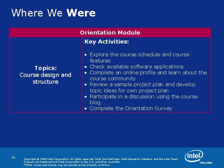 Where We Were Orientation Module Key Activities: Topics: Course design and structure 24 • Where We Were Orientation Module Key Activities: Topics: Course design and structure 24 •