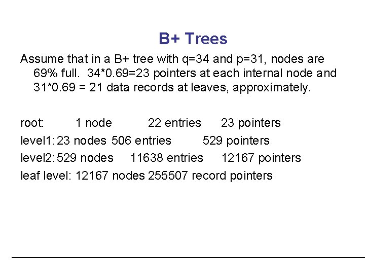 B+ Trees Assume that in a B+ tree with q=34 and p=31, nodes are