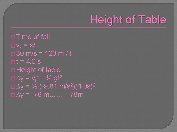 Height of Table � Time of fall � vx = x/t � 30 m/s