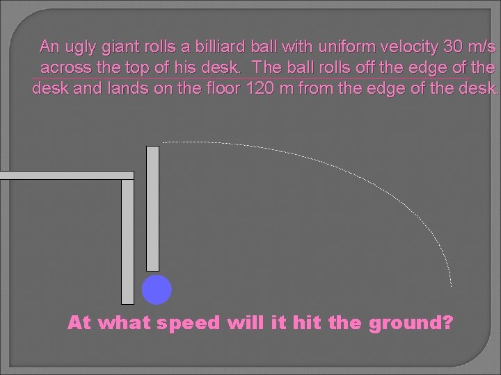 An ugly giant rolls a billiard ball with uniform velocity 30 m/s across the