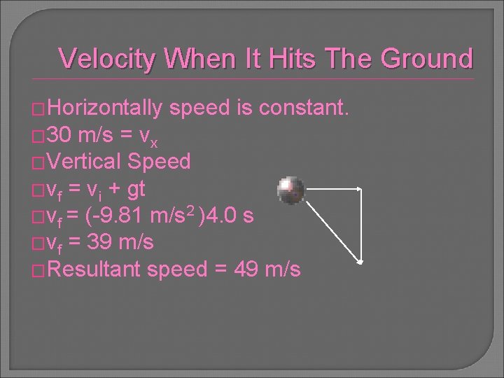 Velocity When It Hits The Ground �Horizontally � 30 speed is constant. m/s =