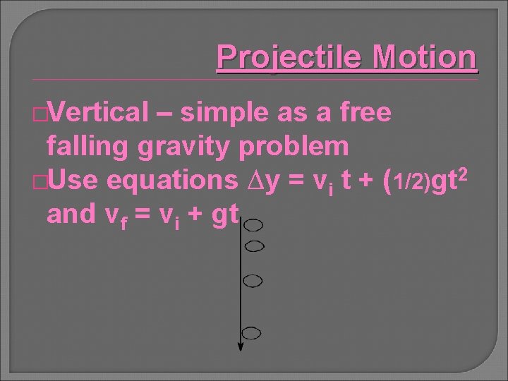 Projectile Motion �Vertical – simple as a free falling gravity problem �Use equations ∆y
