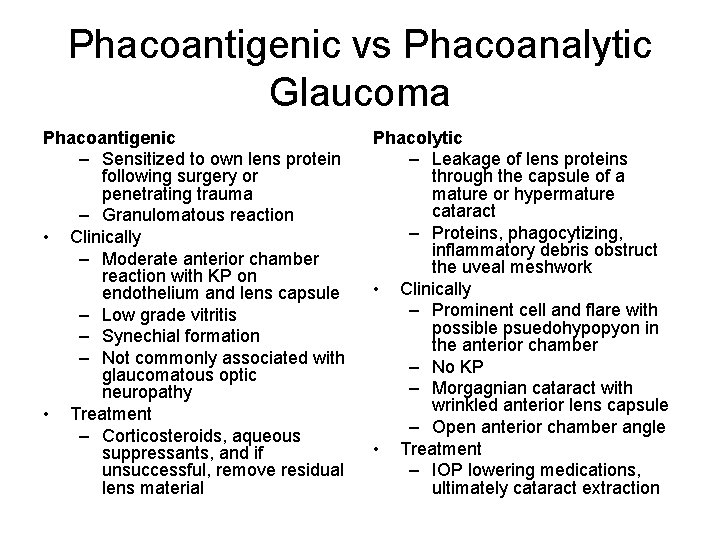 Phacoantigenic vs Phacoanalytic Glaucoma Phacoantigenic – Sensitized to own lens protein following surgery or
