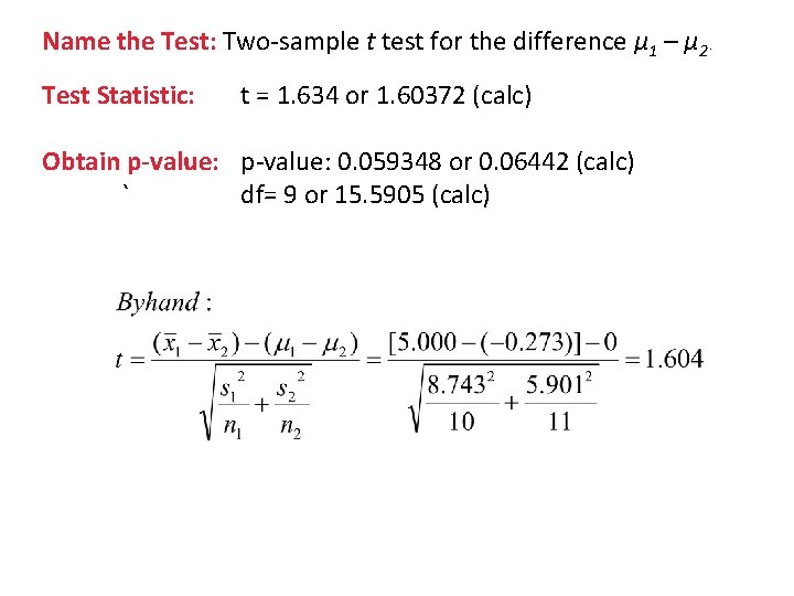 Name the Test: Two-sample t test for the difference µ 1 – µ 2.