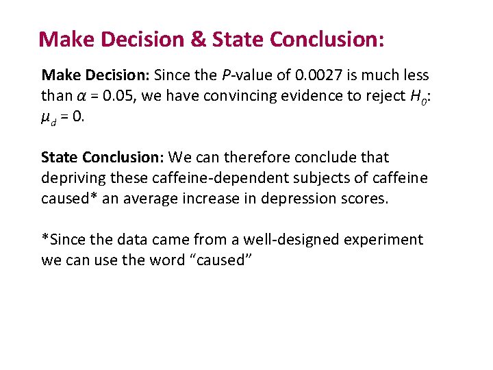 Make Decision & State Conclusion: Make Decision: Since the P-value of 0. 0027 is