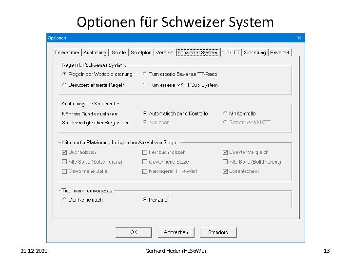 Optionen für Schweizer System 21. 12. 2021 Gerhard Heder (He. So. Wa) 13 