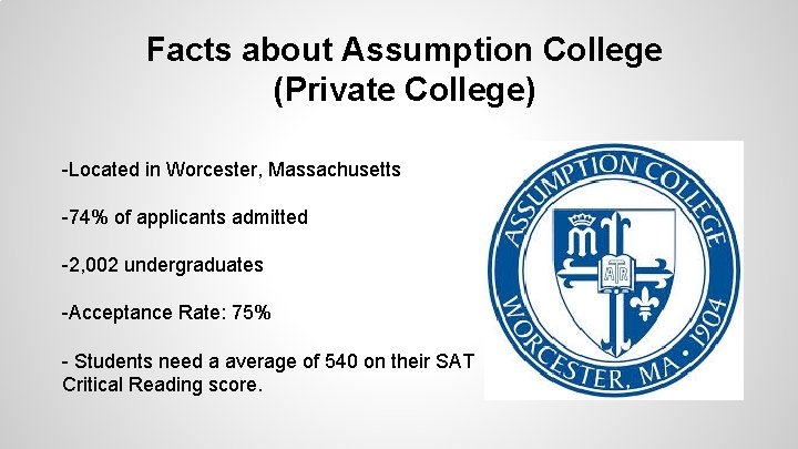 Facts about Assumption College (Private College) -Located in Worcester, Massachusetts -74% of applicants admitted