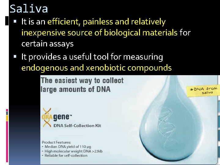 Saliva It is an efficient, painless and relatively inexpensive source of biological materials for