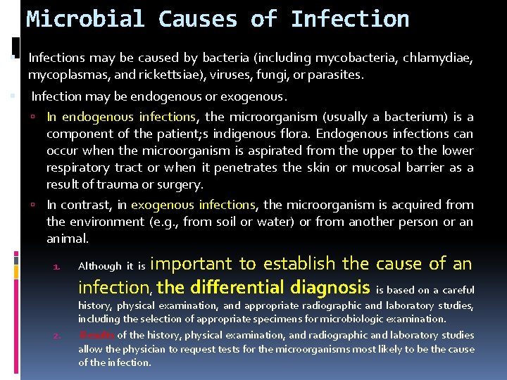 Microbial Causes of Infections may be caused by bacteria (including mycobacteria, chlamydiae, mycoplasmas, and