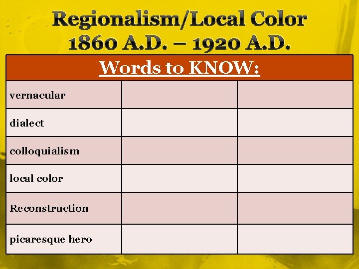 Regionalism/Local Color 1860 A. D. – 1920 A. D. Words to KNOW: vernacular dialect