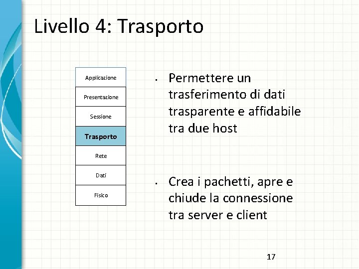 Livello 4: Trasporto Applicazione • Presentazione Sessione Trasporto Permettere un trasferimento di dati trasparente