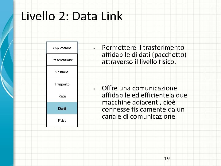 Livello 2: Data Link Applicazione • Presentazione Permettere il trasferimento affidabile di dati (pacchetto)