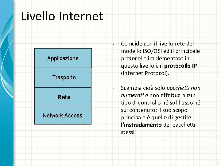 Livello Internet • Applicazione Trasporto • Rete Network Access Coincide con i. I livello