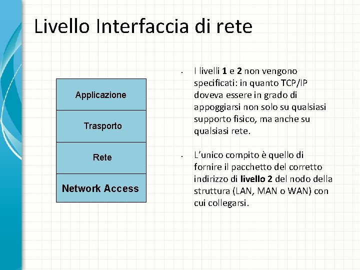 Livello Interfaccia di rete • Applicazione Trasporto Rete Network Access • I livelli 1