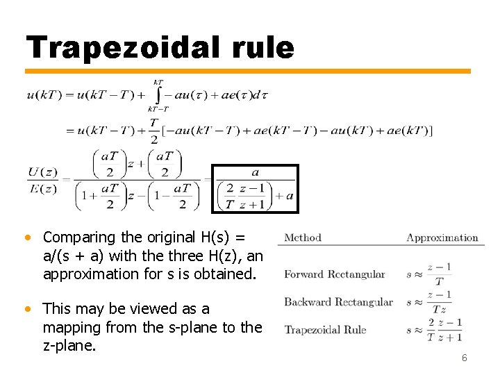 Trapezoidal rule • Comparing the original H(s) = a/(s + a) with the three