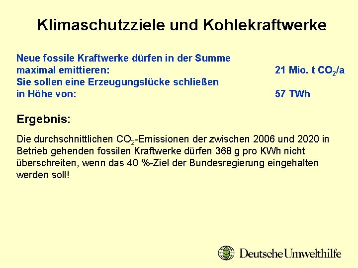 Klimaschutzziele und Kohlekraftwerke Neue fossile Kraftwerke dürfen in der Summe maximal emittieren: Sie sollen