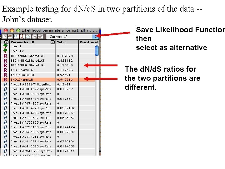 Example testing for d. N/d. S in two partitions of the data -John’s dataset