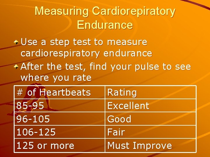 Measuring Cardiorepiratory Endurance Use a step test to measure cardiorespiratory endurance After the test,