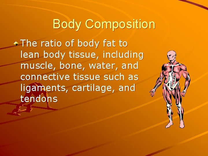 Body Composition The ratio of body fat to lean body tissue, including muscle, bone,