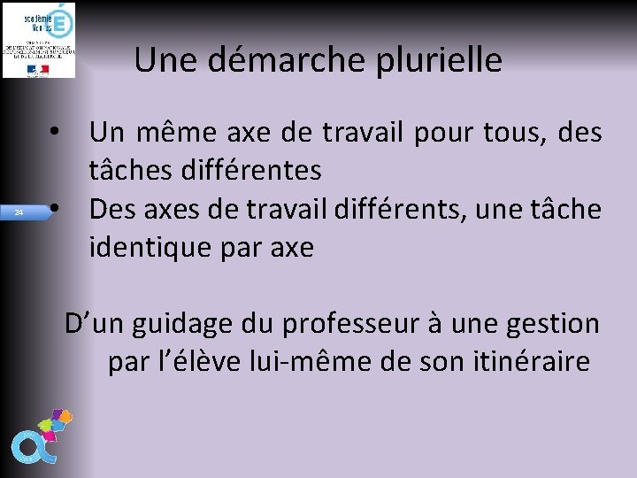 Une démarche plurielle 24 • Un même axe de travail pour tous, des tâches