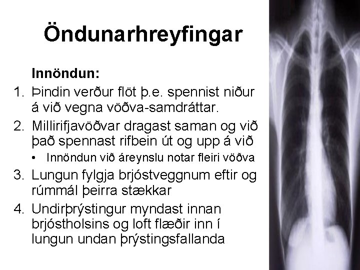 Öndunarhreyfingar Innöndun: 1. Þindin verður flöt þ. e. spennist niður á við vegna vöðva-samdráttar.