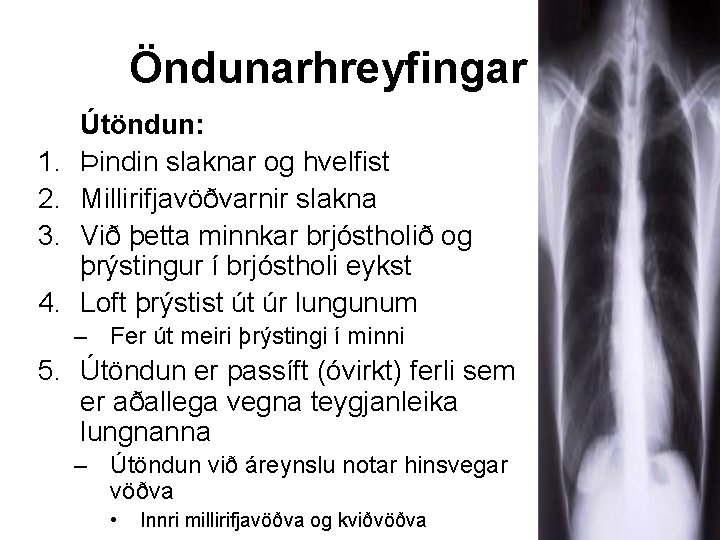 Öndunarhreyfingar 1. 2. 3. 4. Útöndun: Þindin slaknar og hvelfist Millirifjavöðvarnir slakna Við þetta