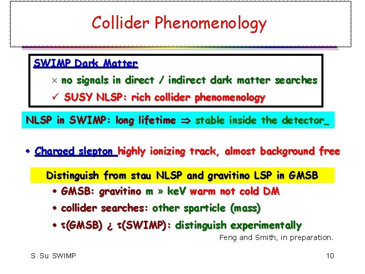 Collider Phenomenology SWIMP Dark Matter ´ no signals in direct / indirect dark matter