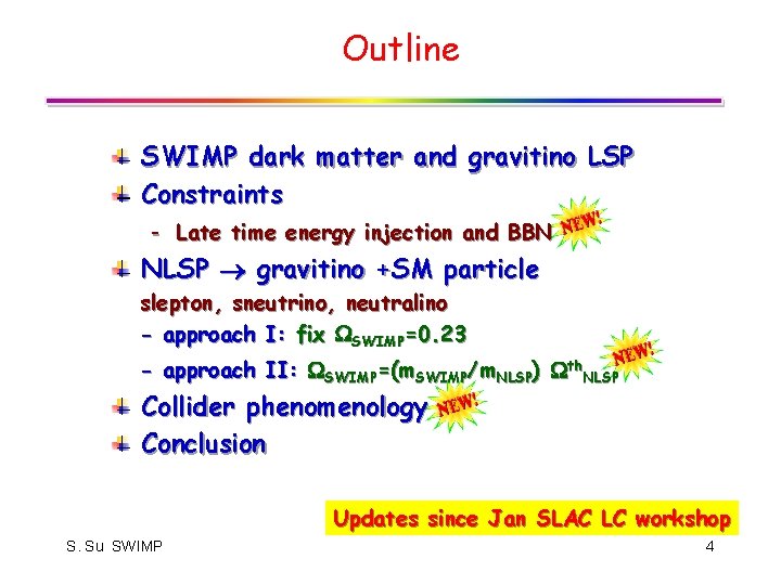 Outline SWIMP dark matter and gravitino LSP Constraints - Late time energy injection and