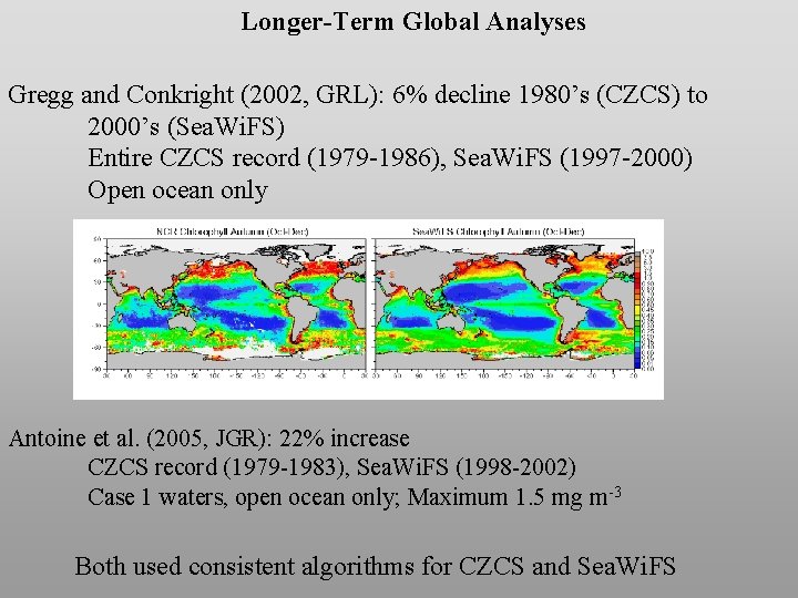 Longer-Term Global Analyses Gregg and Conkright (2002, GRL): 6% decline 1980’s (CZCS) to 2000’s