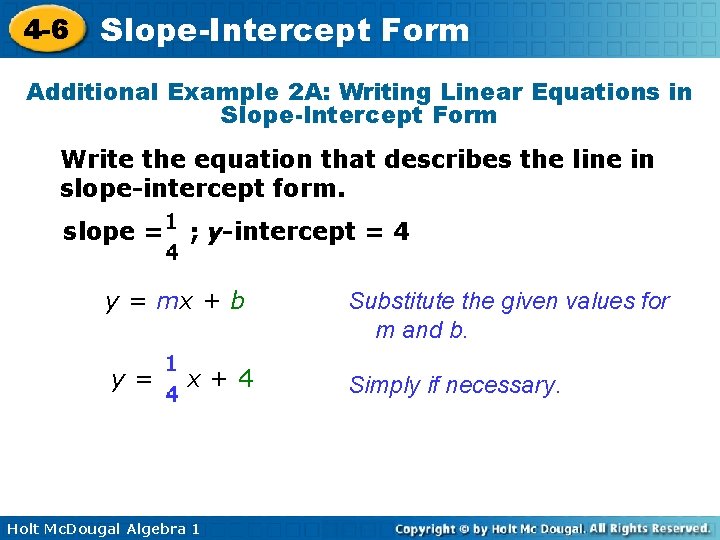 4 -6 Slope-Intercept Form Additional Example 2 A: Writing Linear Equations in Slope-Intercept Form