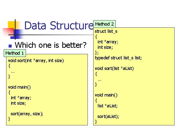 Method 2 Data Structure struct list_s { n Which one is better? Method 1