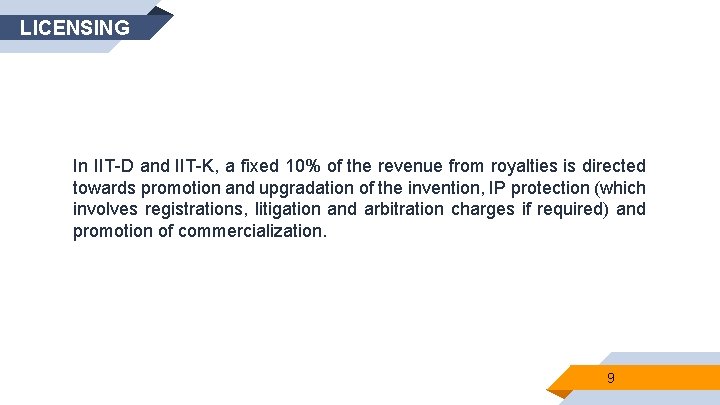 LICENSING In IIT-D and IIT-K, a fixed 10% of the revenue from royalties is