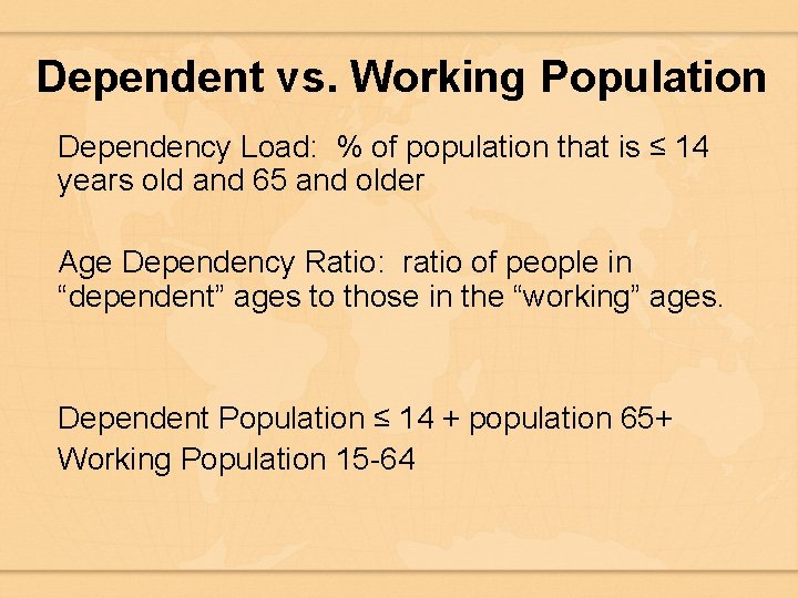 Dependent vs. Working Population Dependency Load: % of population that is ≤ 14 years